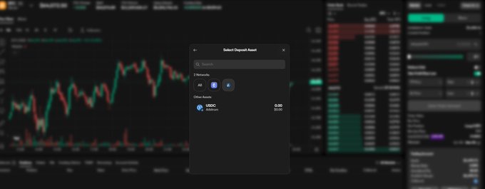 A cryptocurrency trading interface with a 'Select Deposit Asset' modal open, showing a USDC balance of 0.00.