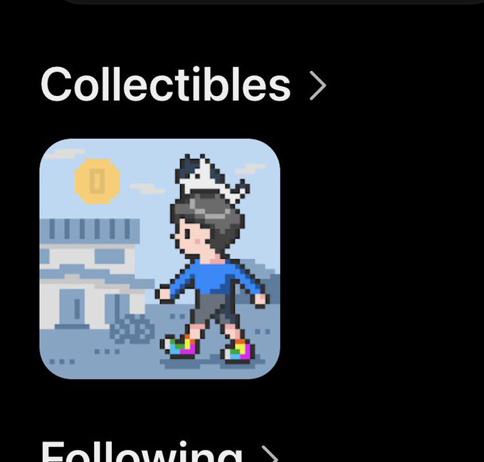 A dark-themed app screen displays a 'Collectibles' header above a pixel-art icon of a person walking with a dog on their head, with 'Following' visible at the bottom.