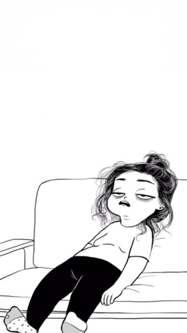 A black and white cartoon illustration shows an exhausted woman with messy hair slouched limply on a couch with her eyes half-closed, perfectly capturing the post's tired mood as she says goodnight and hopes the ticker $RIVER will close so she can finally rest before work.