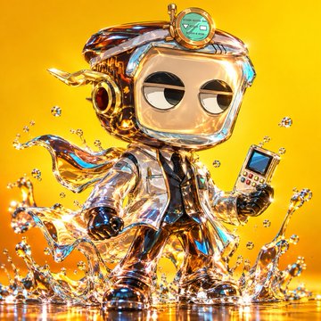 A 3D-rendered cartoon character of a gold robot with blue accents wearing a headset, standing in splashing liquid against a yellow background.