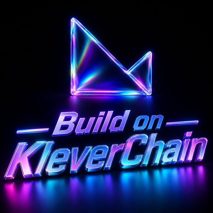 The image features a neon sign that reads "Build on KleverChain" with a triangle shape above it. The background of the image is black, which contrasts with the neon colors of the sign. The text "KleverChain" is written in blue and purple letters, while the word "Build" is written in white letters below the triangle.