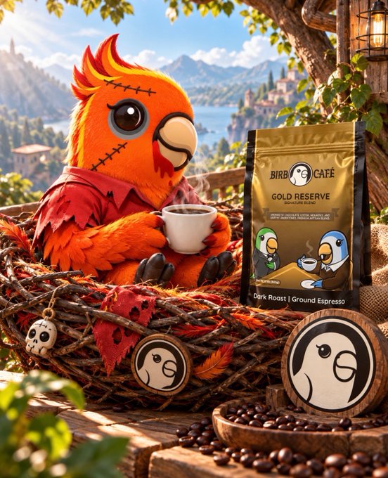 An illustrated advertisement showing a red bird-like character drinking coffee next to a 'BIRB CAFE GOLD RESERVE' coffee bag, set against a fantasy landscape backdrop.