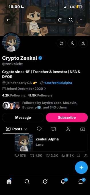 A Twitter/X profile page for 'Crypto Zenkai' (@zenkaixbt), showing 41.9K followers and their pinned post about 'Zenkai Alpha'.