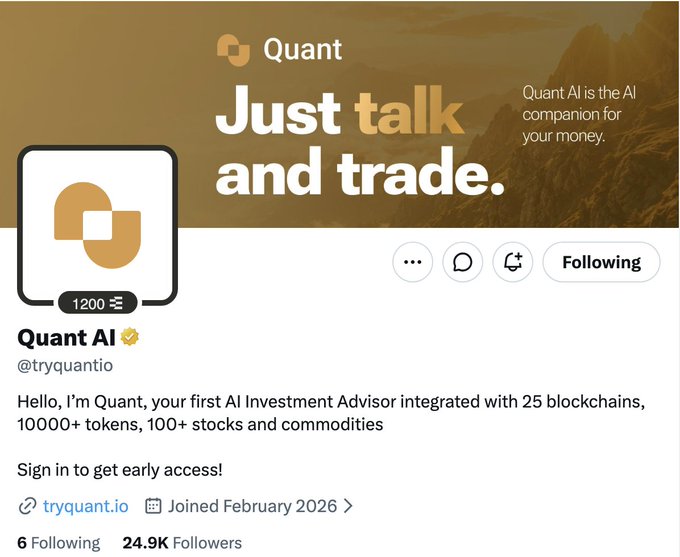 The image displays the X (formerly Twitter) profile page for "Quant AI" (@tryquantio), an AI Investment Advisor with 24.9K followers that supports 25 blockchains, 10,000+ tokens, and 100+ stocks and commodities. The profile aligns with the post's announcement of Quant's NFT collection launch on Solana, highlighting the brand identity (@tryquantio) and founder @BartekSibiga as referenced in the accompanying alpha.