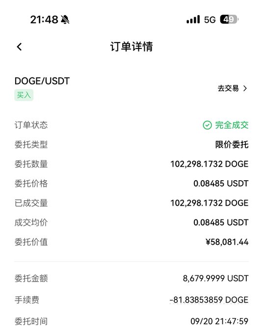 A Chinese mobile trading app screenshot showing a completed buy order for 102,298.1732 DOGE/USDT at an average price of 0.08485 USDT, totaling ¥58,081.44.