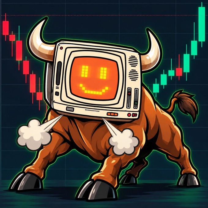 A stylized illustration of a muscular brown bull with a vintage computer monitor for a head displaying a glowing orange smiley face, set against a background of green and red stock market candlestick charts.