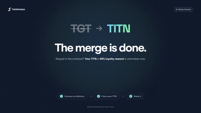 A THORWallet screen announcing 'TGT → TITN The merge is done' with instructions to claim TITN tokens and stake them.