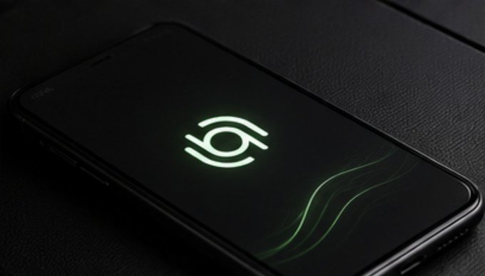 A smartphone resting on a dark surface, displaying a glowing green circular logo on its black screen with subtle wave patterns.