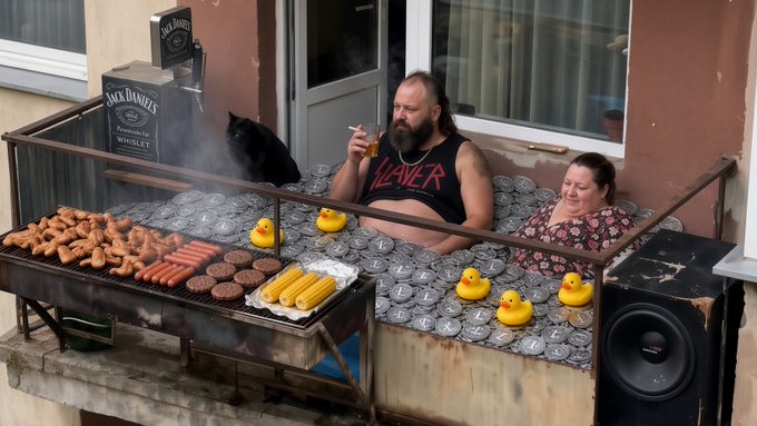 A bearded man wearing a black "SLAYER" tank top and a woman relax in a makeshift outdoor hot tub filled with water and floating coins, while a grill cooks hot dogs, burgers, and corn nearby alongside yellow rubber ducks. A Jack Daniel's whiskey box is visible behind them, complementing the post's crypto-themed message about "chilling at the crib with Litecoin" and waiting for a bullish market.