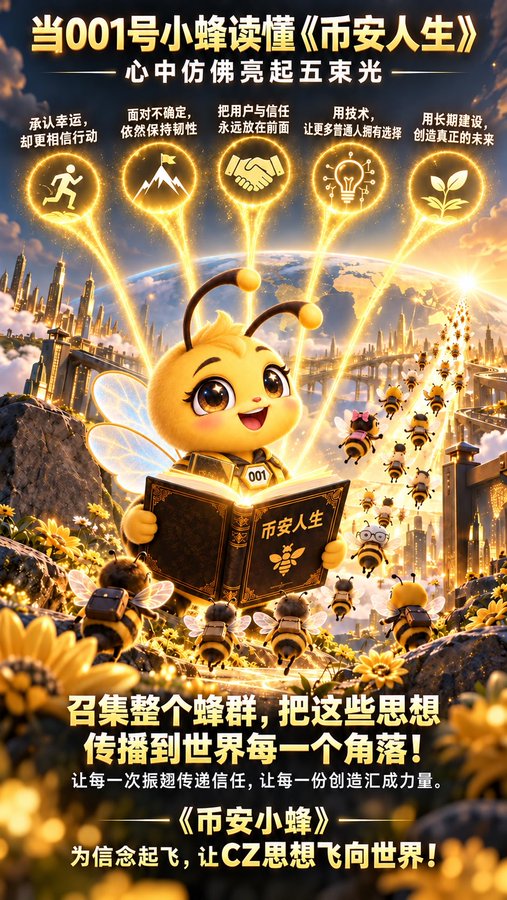 A cheerful cartoon bee wearing a "001" badge reads a book titled "币安人生" (Binance Life), as five glowing icons representing core values—like embracing destiny, confronting uncertainty, and building the future—radiate beams of golden light from the open pages, symbolizing the spread of CZ's philosophy.

The image directly visualizes the post's message: a single "Bee of BSC" reading the book of Binance's ideals, transforming into a swarm of bees carrying those principles to "every corner of the world," embodying the launch of Bee IP on BSC and Flap as consensus rather than mere noise.