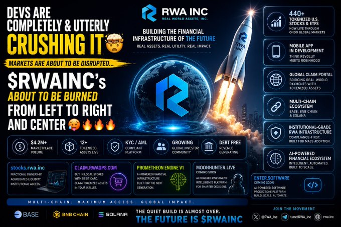 A promotional poster for RWA INC (Real World Assets Inc.) featuring their '$RWAINC' token, highlighting a $4.2M+ marketplace volume, 12+ tokenized assets, KYC/AML compliant platform, and multi-chain support including Base, BNB Chain, and Solana, with the tagline 'THE FUTURE IS $RWAINC'.