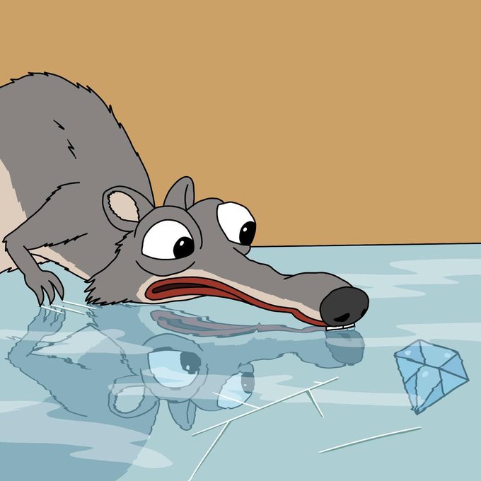 A cartoon anteater with a long snout perks up in wide-eyed wonder as it spots a shiny diamond on a frozen surface, reflecting its own startled expression. The surreal, dreamlike scene mirrors the "Dreamcore meets the Solana trenches" theme, symbolizing the discovery of a hidden gem ($DREAMCOIN) in the chaotic crypto landscape.