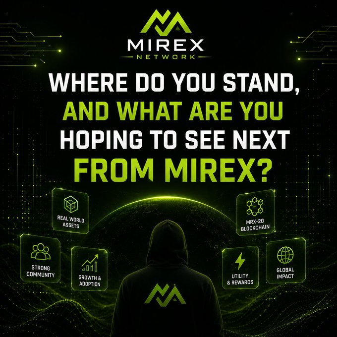 A promotional graphic for 'MIREX NETWORK' asks 'WHERE DO YOU STAND, AND WHAT ARE YOU HOPING TO SEE NEXT FROM MIREX?' featuring a hooded figure surrounded by feature icons like 'REAL WORLD ASSETS', 'STRONG COMMUNITY', and 'GLOBAL IMPACT'.