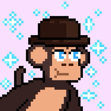 A pixel art illustration of a brown monkey character wearing a brown hat and monocle, set against a light purple background with blue sparkle effects.
