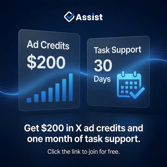 xtrp app offers $200 worth of ad credits and 30 days of task support, with a clear blue background and a blue "Assist" logo.