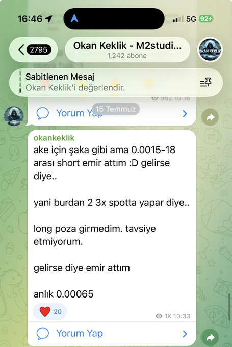 A screenshot of a Turkish Telegram chat from user "okankeklik" on the "Okan Keklik - M2studi..." channel shows a message discussing AKE token, mentioning the 0.0015-18 short range and current price at 0.00065, with the user noting they didn't enter a long position and wouldn't recommend it—aligning with the post's explanation of why the $ake position wasn't taken despite requests.