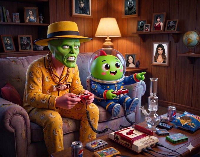 The image features a man wearing a green mask with a yellow hat sitting on a couch next to another person dressed as a character from a video game. The two people are playing a video game together, surrounded by various items such as a beer bottle, a remote control, and a potted plant. The scene is set in a living room or den area, which suggests that the players might be enjoying their gaming session at home with friends or family members who share an interest in video games.