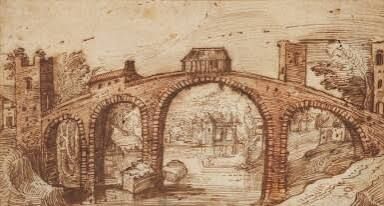 A sepia-toned historical sketch or engraving depicting an arched stone bridge over water with buildings and boats in the background.