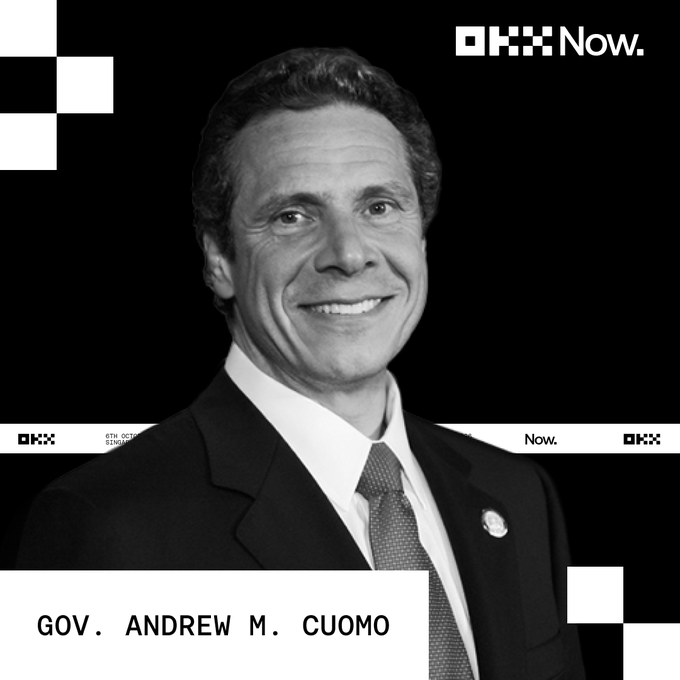 The image shows a black-and-white portrait of Governor Andrew M. Cuomo smiling, with "OKX Now." branding in the top right and his name captioned at the bottom left, promoting his appearance as OKX ICE Co-Chair at the OKX CEO Panel.