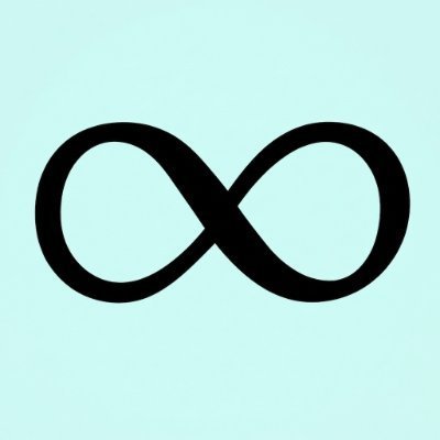 A minimalist black infinity symbol is displayed against a light blue background.