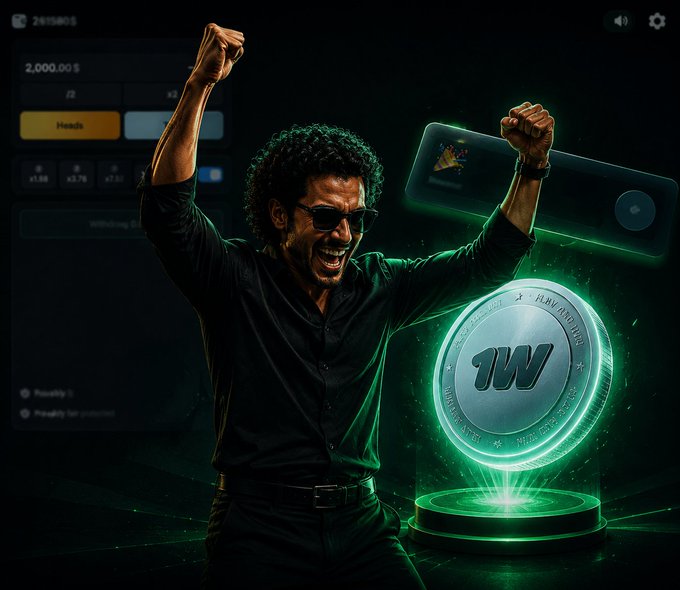 A man in sunglasses celebrates with raised fists next to a glowing '1W' coin, with a Heads/Tails betting interface and a 2,000.0$ payout visible in the background.