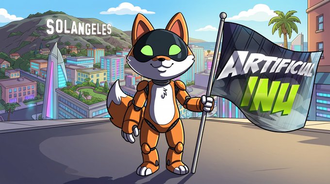 An anthropomorphic fox character wearing orange robotic armor and a green visor stands triumphantly on a rooftop in "SOLANGELES," proudly waving a flag emblazoned with "ARTIFICIAL INU," marking the token's debut arrival. The post's announcement of @ArtificiallyInu's arrival is visualized through this heroic mascot claiming the city skyline with its branded banner.