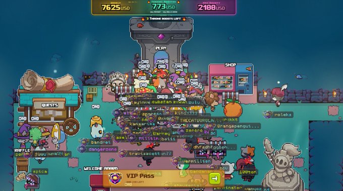 A bustling scene from the playMOG game by @onchainheroes, showing a crowded medieval-themed village with numerous player characters, chat bubbles, and a "PLAY" portal in the center. Top displays currencies "7625 USD," "773 USD," and "2180 USD," with a VIP Pass banner at the bottom—reflecting the post's humor about trying to understand the game's new mechanics amid the visual chaos.