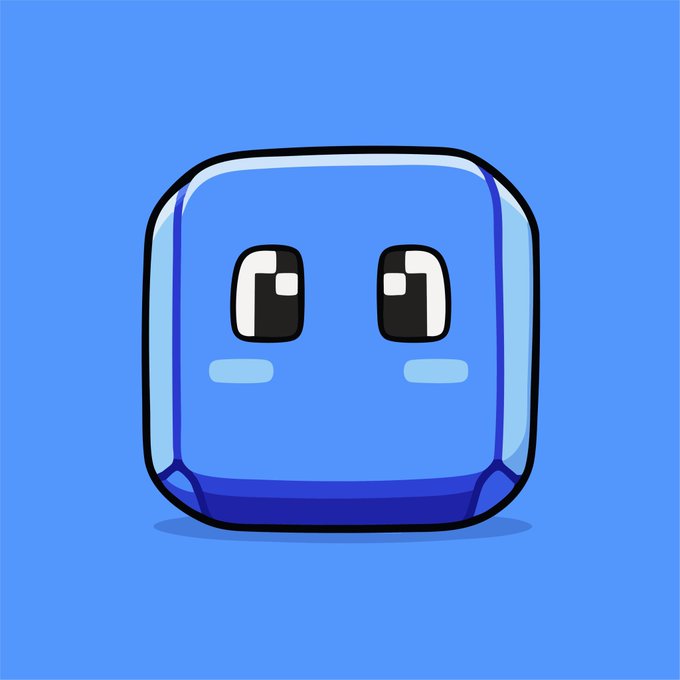 A blue, square-shaped character with large cartoon eyes and small blush marks, set against a solid blue background.