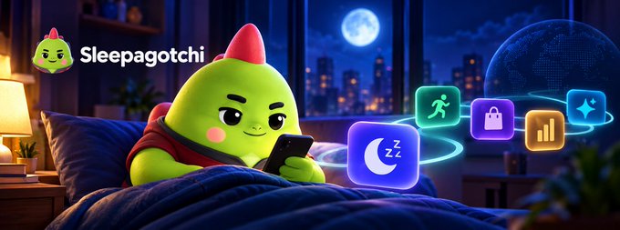 A promotional banner for "Sleepagotchi" featuring a green cartoon dinosaur character in bed looking at a phone, alongside app icons including a moon/Zzz icon, with a night cityscape background.