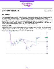 A financial report titled 'BTC Technical Outlook' from September 12th featuring a Bitcoin logo and daily insights with a price chart.