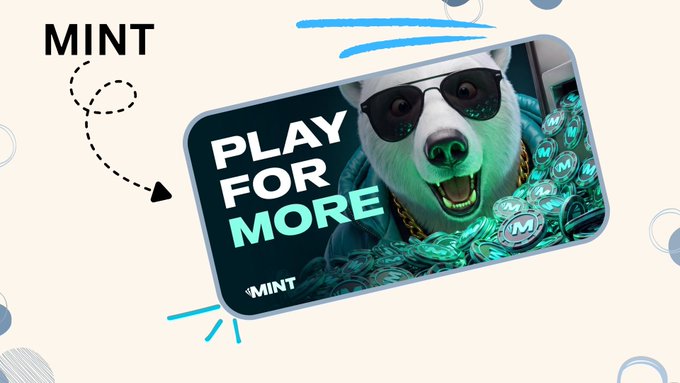 An advertisement features a dog wearing sunglasses and a chain surrounded by teal coins with the letter "M", alongside the text "PLAY FOR MORE" and the brand name "MINT".