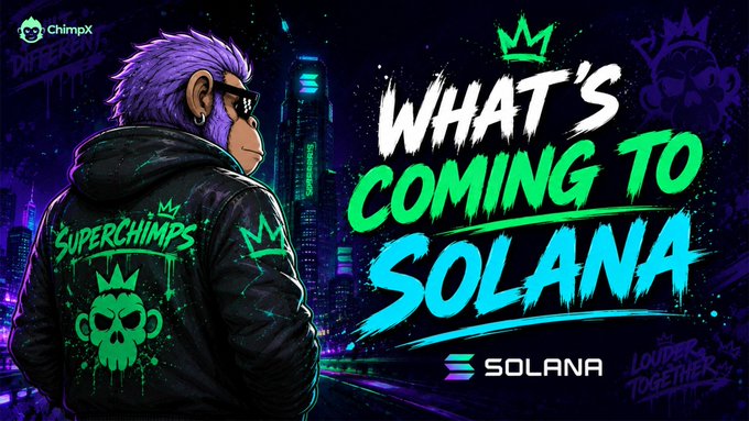 A promotional graphic for a 'ChimpX' and 'SuperChimps' NFT project titled 'WHAT'S COMING TO SOLANA' featuring a purple-haired ape character and the Solana logo.