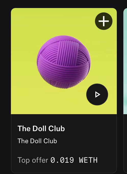 A digital marketplace listing showing a purple yarn ball artwork titled 'The Doll Club' with a top offer of '0.019 WETH' on a yellow-green background.