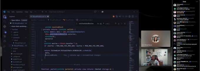 A livestream screenshot showing code in a file named 'RitualPool.sol' with a webcam feed of a person and a chat window on the right side.