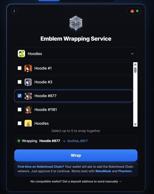 A screenshot of an "Emblem Wrapping Service" interface showing a selection menu with various hoodies, where "Hoodie #877" is selected for wrapping.