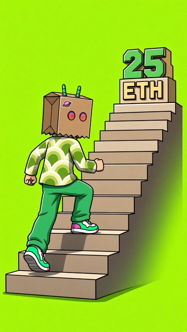 A cartoon figure with a paper bag head ascends a staircase toward a block labeled "25 ETH," visually representing the climb toward a 25 ETH volume milestone mentioned in the post, tied to the OS2 collection from The Chill Bugs.