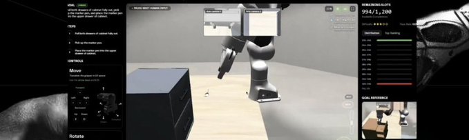 A 3D simulation/training interface displaying a robotic arm manipulating a box, with goal descriptions, controls, and a reinforcement plot showing '994/1,200'.