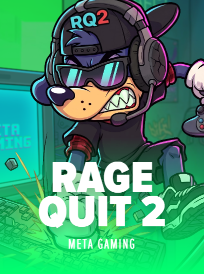 A cartoon wolf wearing a "RQ2" headset and sunglasses angrily smashes a keyboard, promoting the "Rage Quit 2" slot by Meta Gaming with a 25,000x max win, as announced in the accompanying tweet.