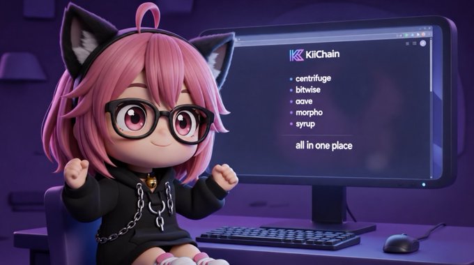 A pink-haired chibi character with cat ears, glasses, and a chain necklace poses in front of a monitor displaying "KiiChain" alongside yield providers "centrifuge, bitwise, aave, morpho, syrup - all in one place," visually promoting the post's announcement of multi-provider yield vaults on KiiChain.