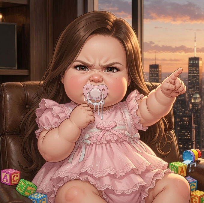 A digital illustration of an angry baby with long brown hair wearing a pink dress and pacifier, sitting in a leather chair surrounded by alphabet blocks.
