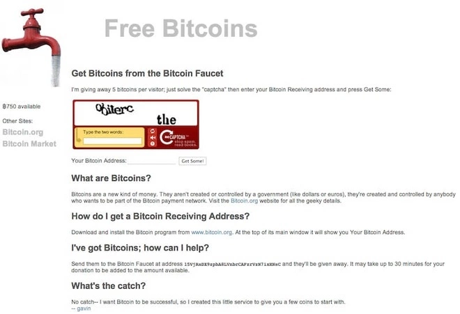 A retro screenshot of the original Bitcoin Faucet website titled 'Free Bitcoins', giving away 5 bitcoins per visitor, with sections explaining what Bitcoins are and how to get a receiving address.