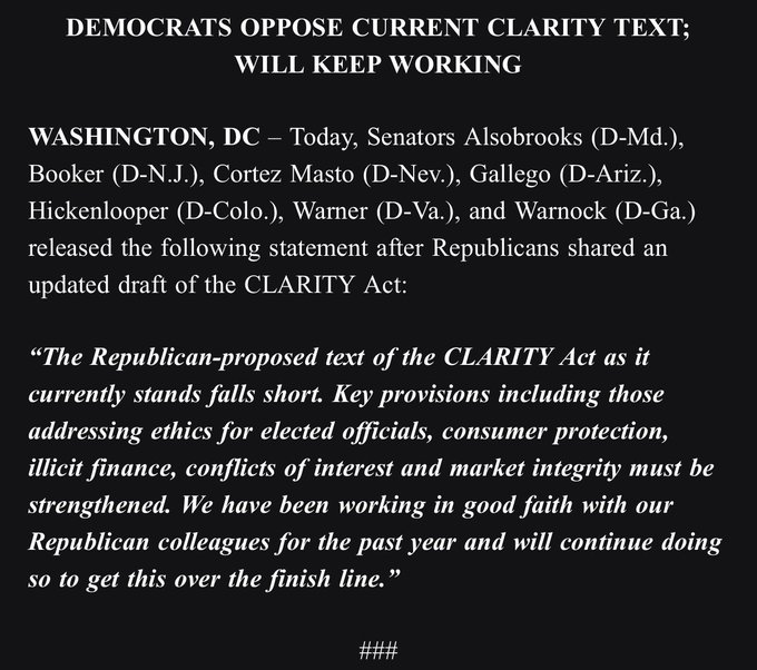 The image shows a press release titled "DEMOCRATS OPPOSE CURRENT CLARITY TEXT; WILL KEEP WORKING," featuring a statement from seven Democratic Senators—including Alsobrooks (D-Md.), Booker (D-N.J.), and Warnock (D-Ga.)—criticizing the Republican-proposed CLARITY Act on digital assets for lacking sufficient ethics, consumer protection, and conflict-of-interest provisions. The release illustrates the political pressure on Democratic senators to oppose crypto legislation seen as favorable to Trump's financial interests, with vulnerable members like Alsobrooks facing primary risks if they appear too accommodating to the industry.
