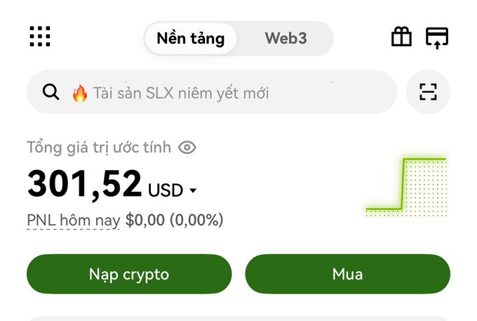 A Vietnamese cryptocurrency exchange interface shows a total estimated value of 301.52 USD with a search bar displaying 'Tài sản SLX niêm yết mới' and buttons for 'Nạp crypto' and 'Mua'.