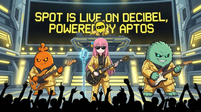 A vibrant concert-style illustration shows a pink-haired singer flanked by an orange blob and green monster, all wearing matching gold suits and playing instruments in front of a cheering crowd. The stage screen above reads "SPOT IS LIVE ON DECIBEL, POWERED BY APTOS," matching the post's announcement of DecibelTrade's new spot trading launch on the Aptos network. The "loud" trading metaphor is playfully brought to life through the rockstar band theme.