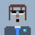 A pixel art character with brown hair, glasses, a blue tie, and a small cyan badge on their suit.