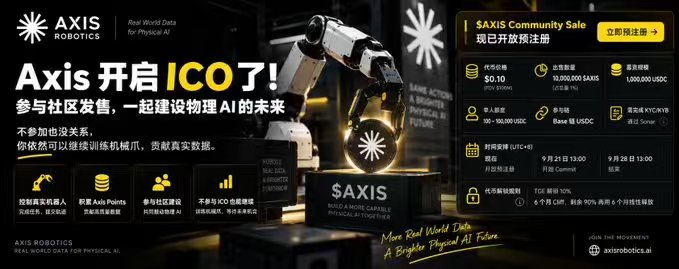 Promotional banner for AXIS Robotics ICO featuring text 'Axis 开启 ICO 了！' and 'SAXIS Community Sale' with details about token pricing ($0.10), funding goals (10,000,000 SAXIS, 1,000,000 USDC), and benefits like no KYC and whitelist access.