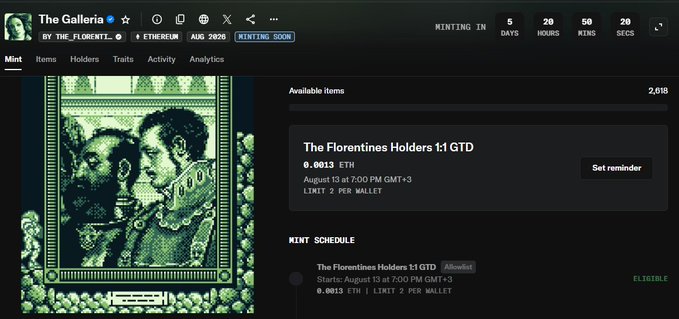 The image displays an OpenSea NFT minting page for "The Galleria by The Florentines," scheduled to start in 5 days, 20 hours, 50 minutes with the collection listed at 0.0013 ETH for "The Florentines Holders 1:1 GTD" with a 2 per wallet limit, directly promoting the upcoming minting event referenced in the tweet.
