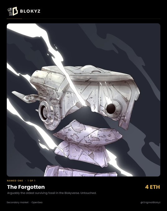 A digital collectible from Blokyz titled "The Forgotten" (1 of 1) is depicted as a cracked, mechanical fossil-like figure with lightning bolts striking it, listed at 4 ETH on the secondary market via OpenSea. The accompanying post celebrates the NFT sale, describing it as the oldest surviving fossil in the Blokyverse now finding a new home.