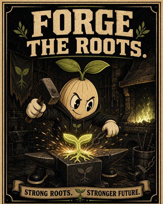 A vintage-style poster featuring a cartoon root or seed character blacksmith forging a glowing plant sprout, with the text 'FORGE THE ROOTS.' at the top and 'STRONG ROOTS. STRONGER FUTURE.' at the bottom.