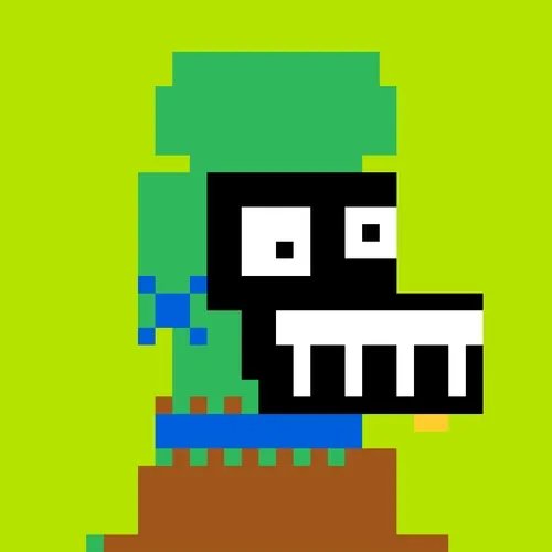Pixel art of a green crocodile or dinosaur-like creature with a large open mouth showing teeth, wearing blue shorts, set on a lime green background.